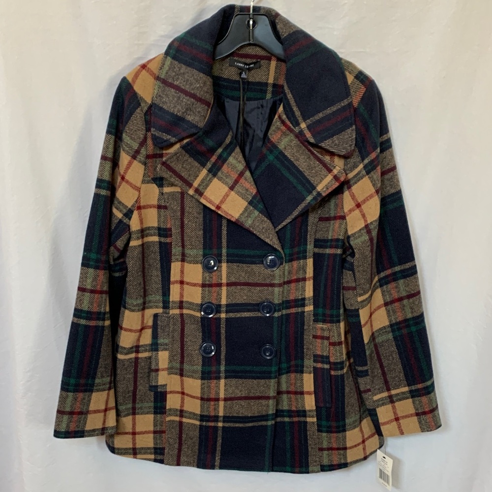 Larry Levine Navy, Tan & Green Plaid Double-Breasted Peacoat
